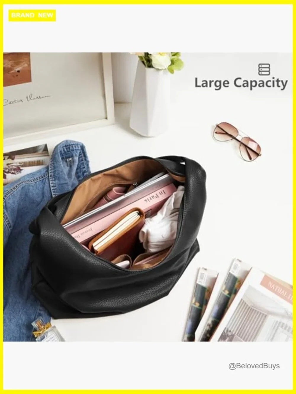Vegan Leather Hobo Tote Bag with Zipper, Large Capacity, Shoulder